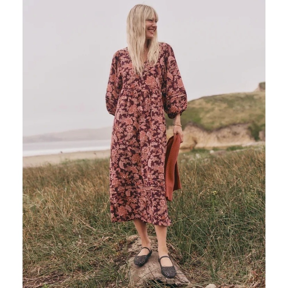 Marine Layer Midi Dress Boho Floral S Relaxed Flowy Puff Sleeve Pockets Modest
